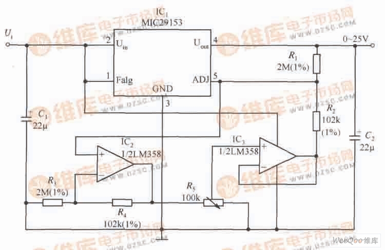 MIC29153构成的输出电压0～25V连续可调的稳压器电路