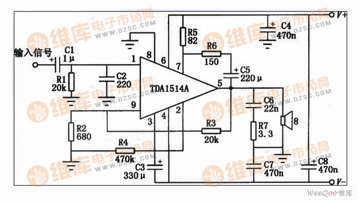 基于TDA1514A高保真功放典型应用电路图