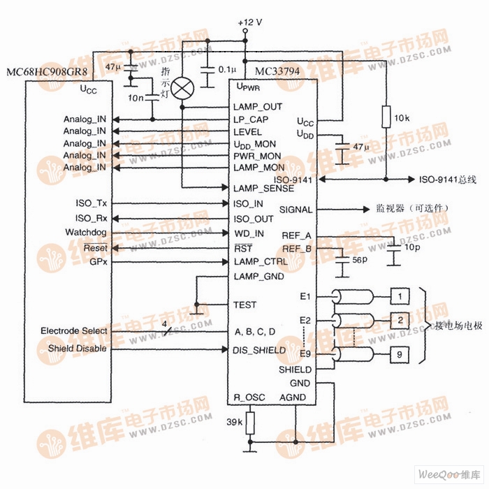 电场感应器MC33794与微控制器的连线图