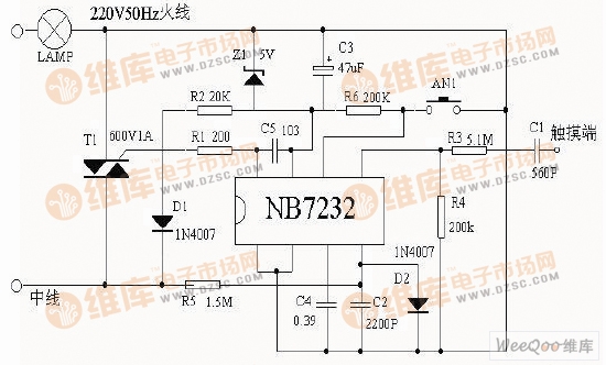 基于NB7232的无级触摸调光电路