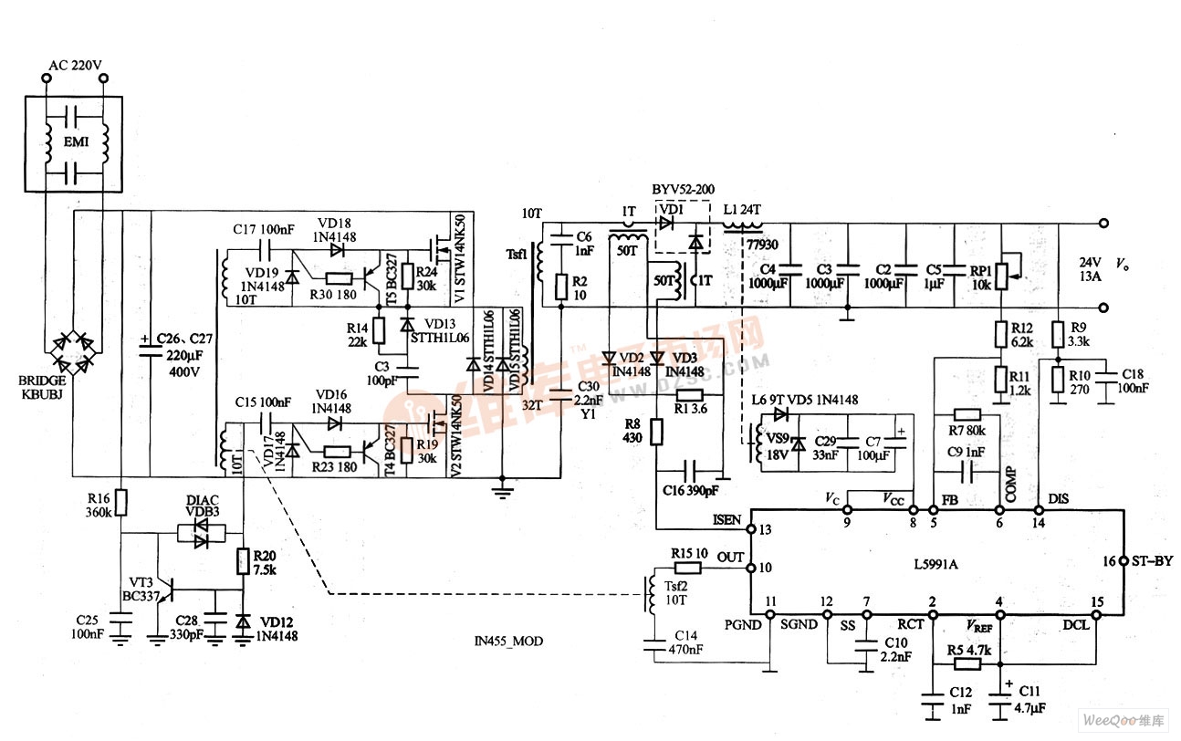 基于L5991的300W AC/DC电源电路图